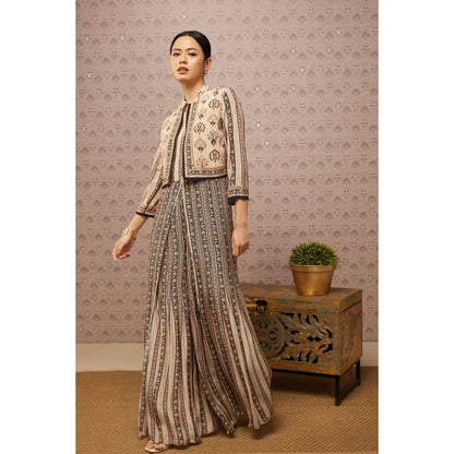 Soup by Sougat Paul Beige & Multi Sarouk Floral Jumpsuit with Jacket (Set of 2)