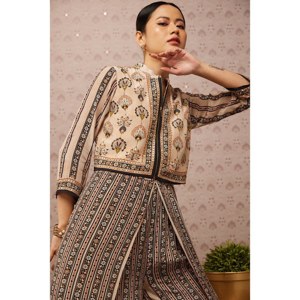 Soup by Sougat Paul Beige & Multi Sarouk Floral Jumpsuit with Jacket (Set of 2)