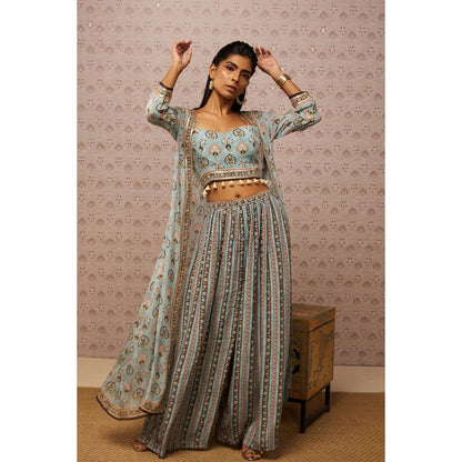 Soup by Sougat Paul Blue & Multi Sarouk Floral Crop Top with Palazzo and Jacket (Set of 3)