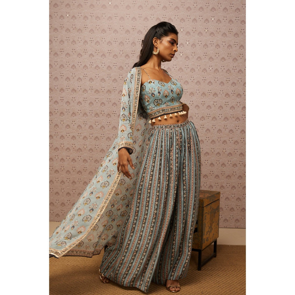 Soup by Sougat Paul Blue & Multi Sarouk Floral Crop Top with Palazzo and Jacket (Set of 3)