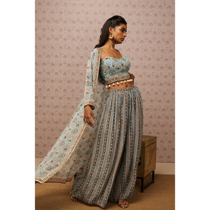 Soup by Sougat Paul Blue & Multi Sarouk Floral Crop Top with Palazzo and Jacket (Set of 3)