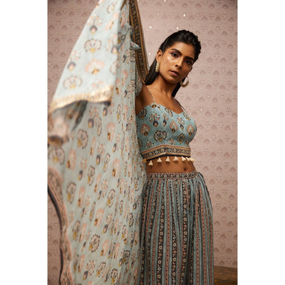 Soup by Sougat Paul Blue & Multi Sarouk Floral Crop Top with Palazzo and Jacket (Set of 3)