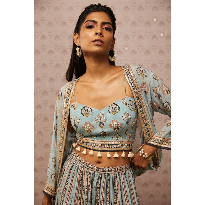 Soup by Sougat Paul Blue & Multi Sarouk Floral Crop Top with Palazzo and Jacket (Set of 3)