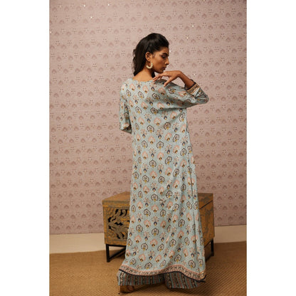 Soup by Sougat Paul Blue & Multi Sarouk Floral Crop Top with Palazzo and Jacket (Set of 3)