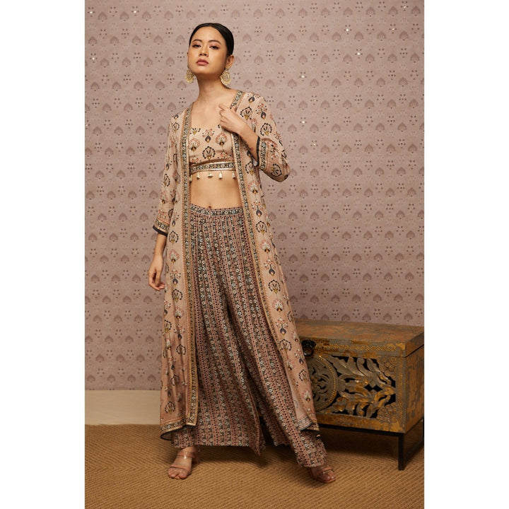 Soup by Sougat Paul Beige & Multi Sarouk Floral Crop Top with Palazzo and Jacket (Set of 3)