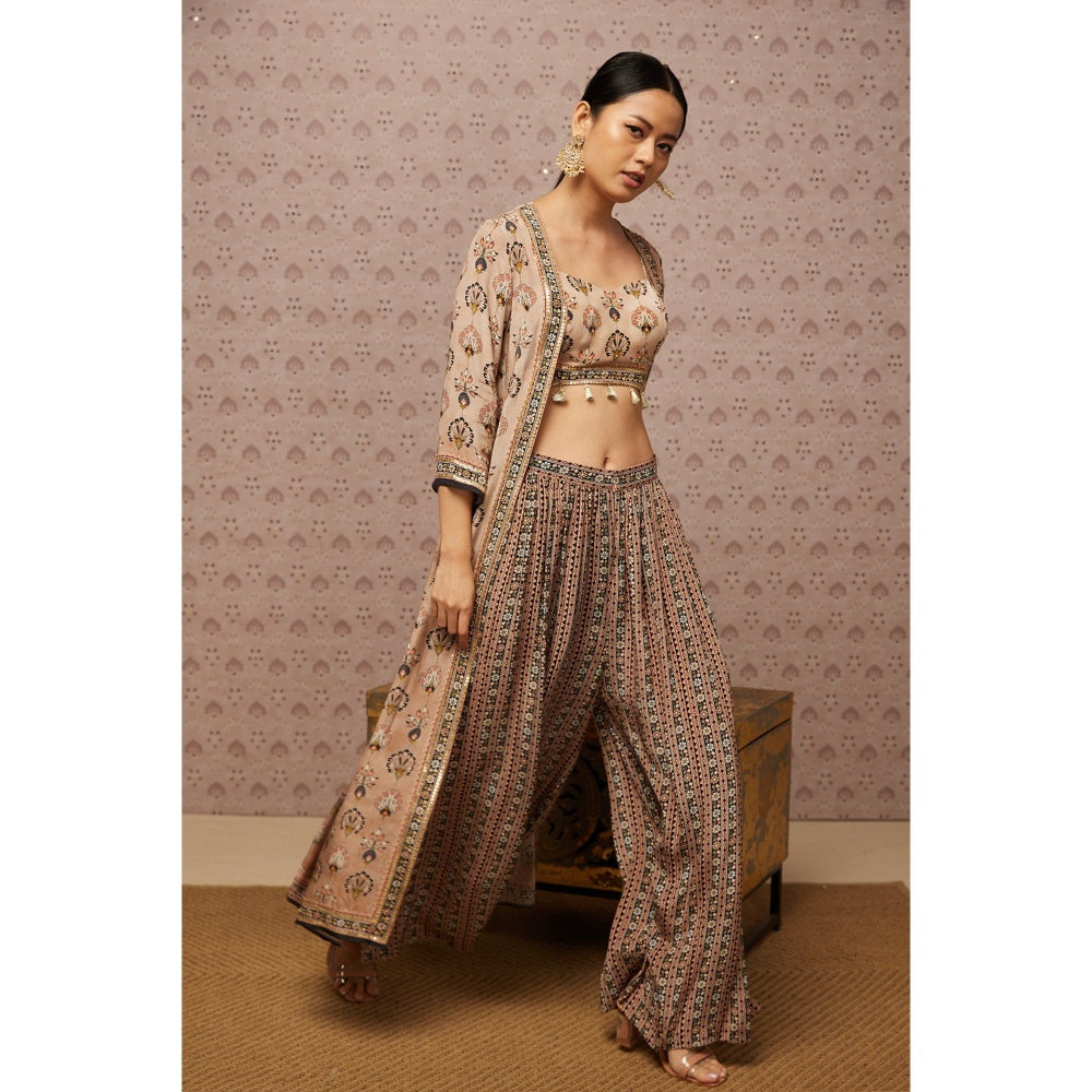 Soup by Sougat Paul Beige & Multi Sarouk Floral Crop Top with Palazzo and Jacket (Set of 3)