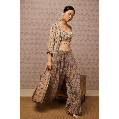 Soup by Sougat Paul Beige & Multi Sarouk Floral Crop Top with Palazzo and Jacket (Set of 3)