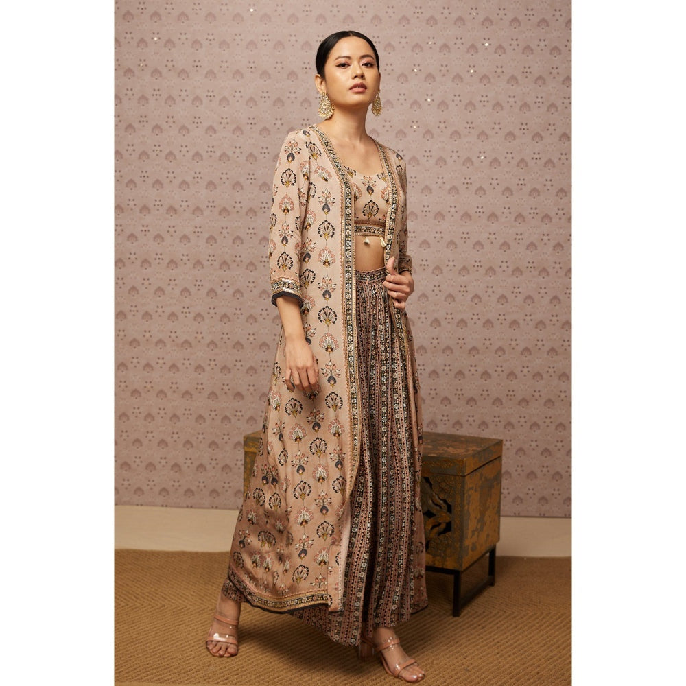 Soup by Sougat Paul Beige & Multi Sarouk Floral Crop Top with Palazzo and Jacket (Set of 3)