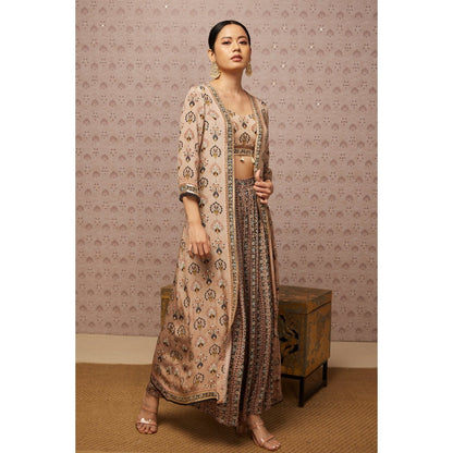 Soup by Sougat Paul Beige & Multi Sarouk Floral Crop Top with Palazzo and Jacket (Set of 3)
