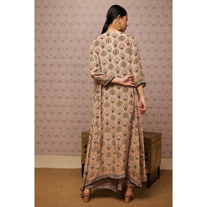Soup by Sougat Paul Beige & Multi Sarouk Floral Crop Top with Palazzo and Jacket (Set of 3)