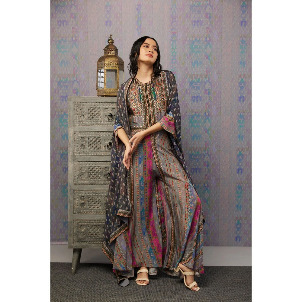 Soup by Sougat Paul Multi Ikaya Printed Top with Palazzo and Jacket (Set of 3)