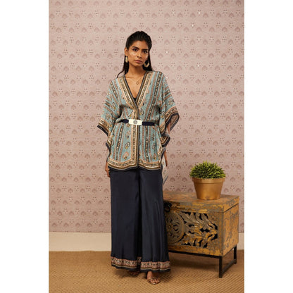 Soup by Sougat Paul Blue & Multi Sarouk Floral Kaftan with Belt (Set of 3)