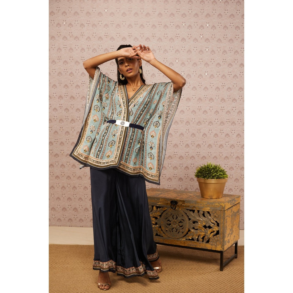 Soup by Sougat Paul Blue & Multi Sarouk Floral Kaftan with Belt (Set of 3)