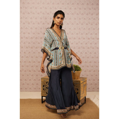 Soup by Sougat Paul Blue & Multi Sarouk Floral Kaftan with Belt (Set of 3)