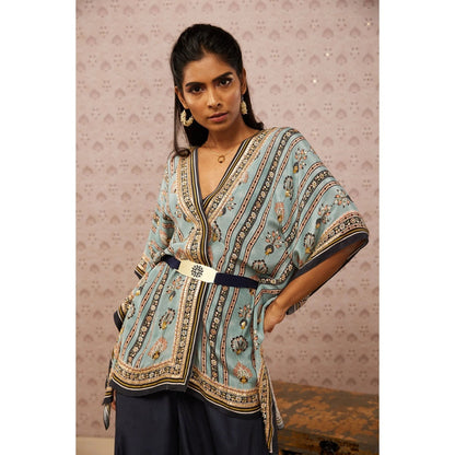 Soup by Sougat Paul Blue & Multi Sarouk Floral Kaftan with Belt (Set of 3)
