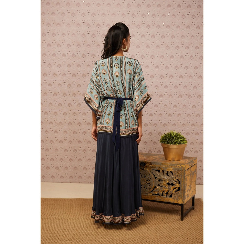 Soup by Sougat Paul Blue & Multi Sarouk Floral Kaftan with Belt (Set of 3)