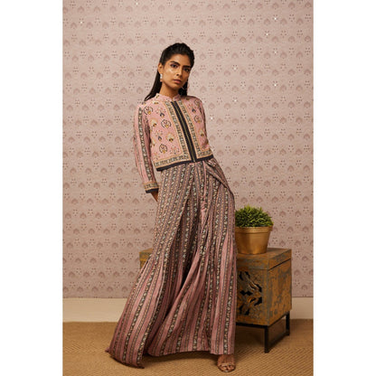 Soup by Sougat Paul Pink & Multi Sarouk Floral Jumpsuit with Jacket (Set of 2)