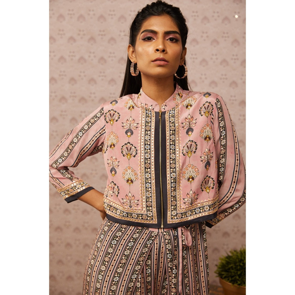 Soup by Sougat Paul Pink & Multi Sarouk Floral Jumpsuit with Jacket (Set of 2)
