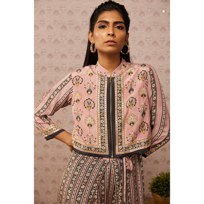 Soup by Sougat Paul Pink & Multi Sarouk Floral Jumpsuit with Jacket (Set of 2)