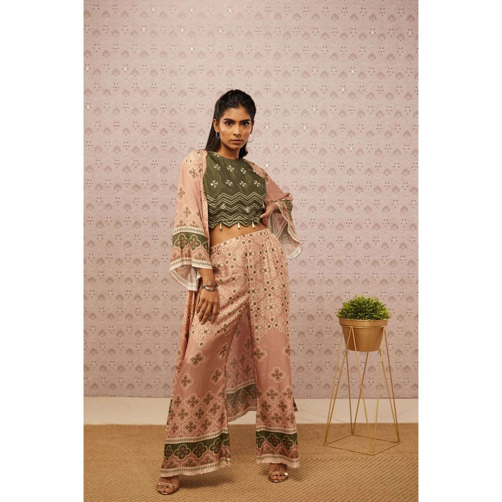 Soup by Sougat Paul Green and Peach Bandhej Printed Crop Top Palazzo and Jacket (Set of 3)