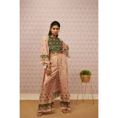 Soup by Sougat Paul Green and Peach Bandhej Printed Crop Top Palazzo and Jacket (Set of 3)