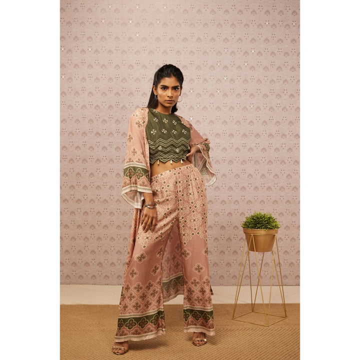 Soup by Sougat Paul Green and Peach Bandhej Printed Crop Top Palazzo and Jacket (Set of 3)