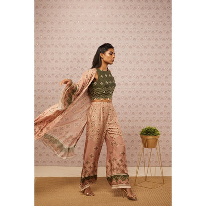 Soup by Sougat Paul Green and Peach Bandhej Printed Crop Top Palazzo and Jacket (Set of 3)