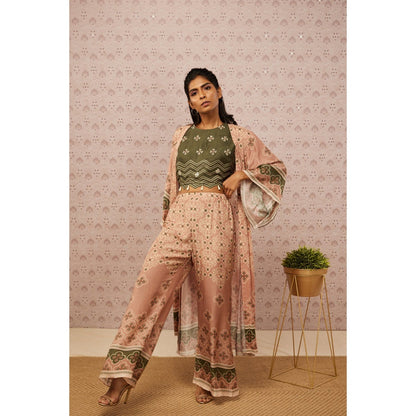 Soup by Sougat Paul Green and Peach Bandhej Printed Crop Top Palazzo and Jacket (Set of 3)