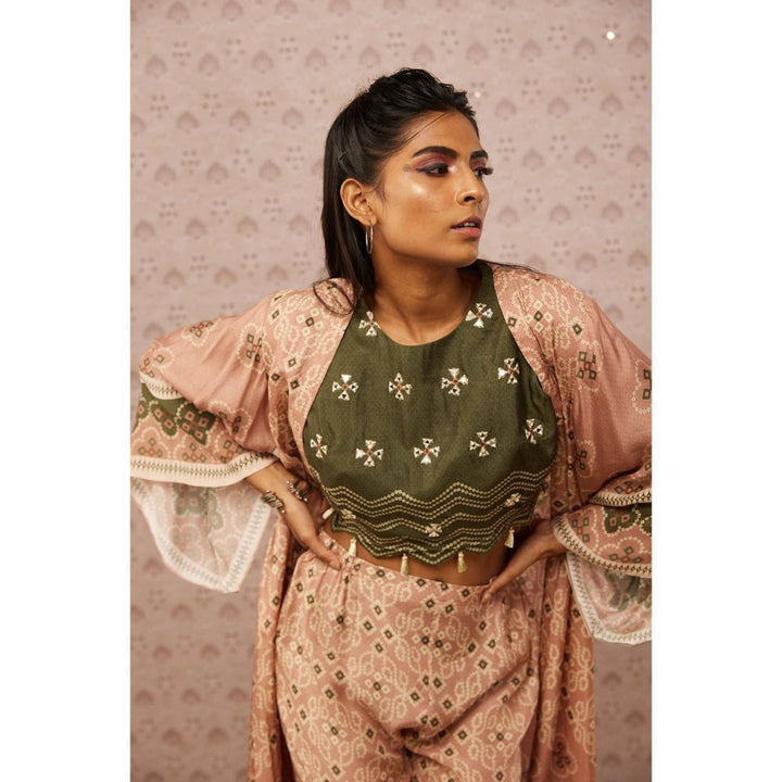 Soup by Sougat Paul Green and Peach Bandhej Printed Crop Top Palazzo and Jacket (Set of 3)