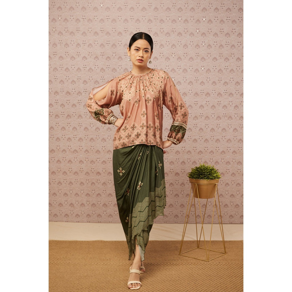 Soup by Sougat Paul Peach and Green Bandhej Printed Drape Skirt and Top (Set of 2)