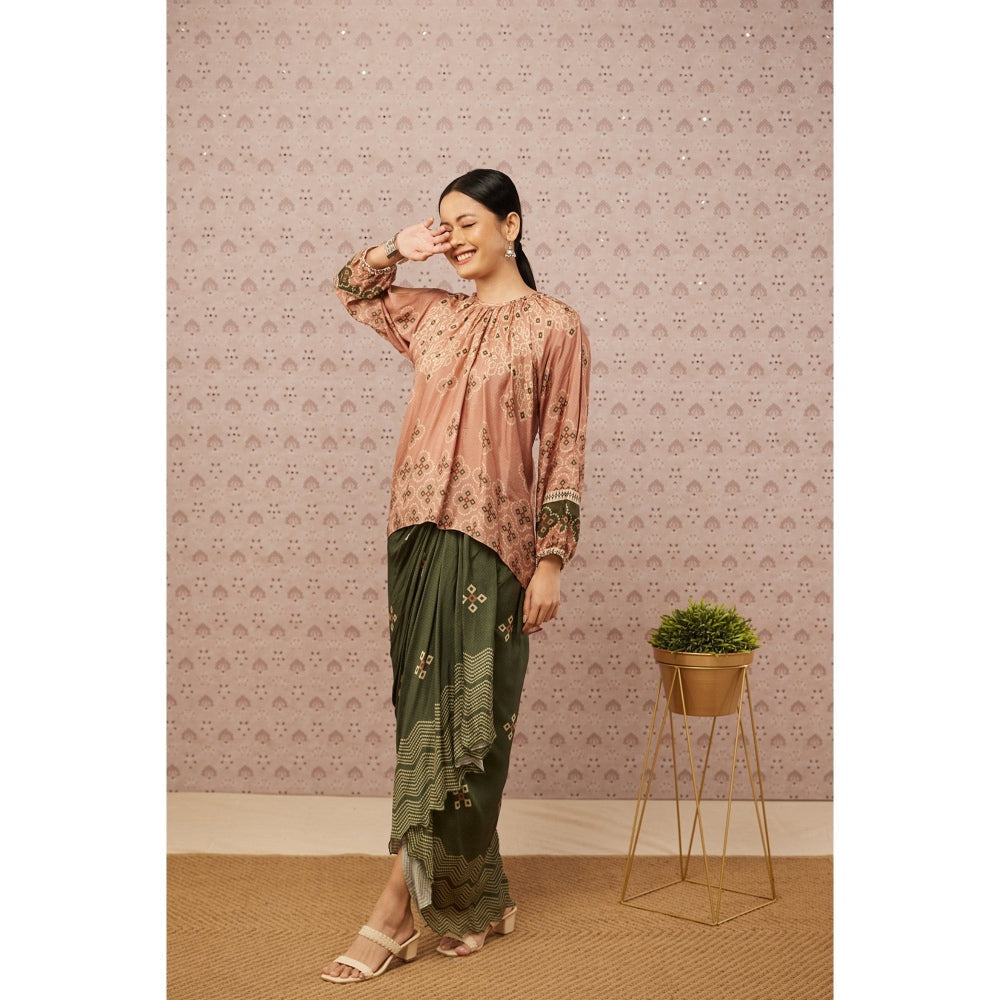 Soup by Sougat Paul Peach and Green Bandhej Printed Drape Skirt and Top (Set of 2)