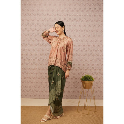 Soup by Sougat Paul Peach and Green Bandhej Printed Drape Skirt and Top (Set of 2)