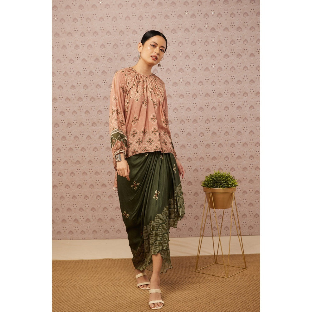Soup by Sougat Paul Peach and Green Bandhej Printed Drape Skirt and Top (Set of 2)