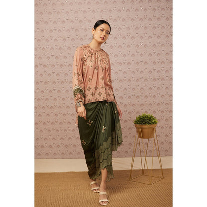 Soup by Sougat Paul Peach and Green Bandhej Printed Drape Skirt and Top (Set of 2)