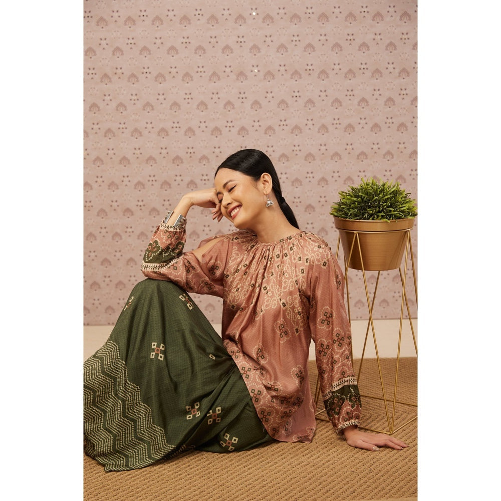 Soup by Sougat Paul Peach and Green Bandhej Printed Drape Skirt and Top (Set of 2)