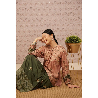 Soup by Sougat Paul Peach and Green Bandhej Printed Drape Skirt and Top (Set of 2)
