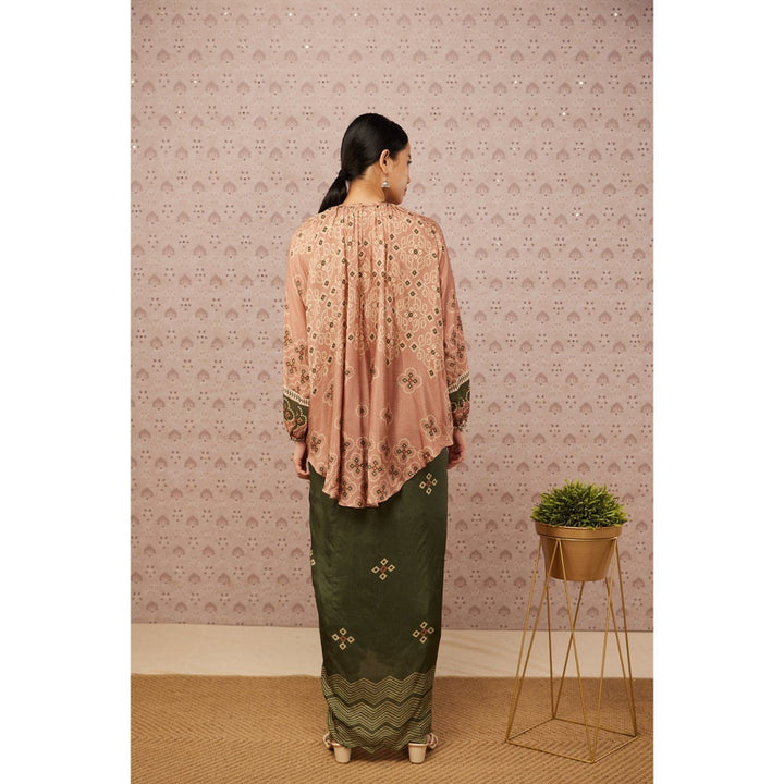 Soup by Sougat Paul Peach and Green Bandhej Printed Drape Skirt and Top (Set of 2)
