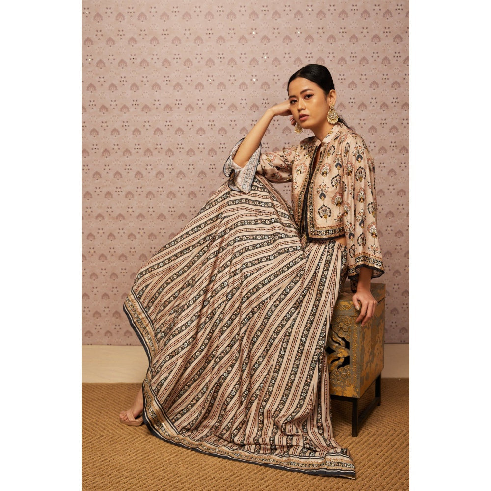 Soup by Sougat Paul Beige & Multi Sarouk Floral Lehenga with Crop Top and Jacket (Set of 3)
