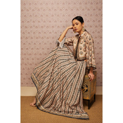 Soup by Sougat Paul Beige & Multi Sarouk Floral Lehenga with Crop Top and Jacket (Set of 3)