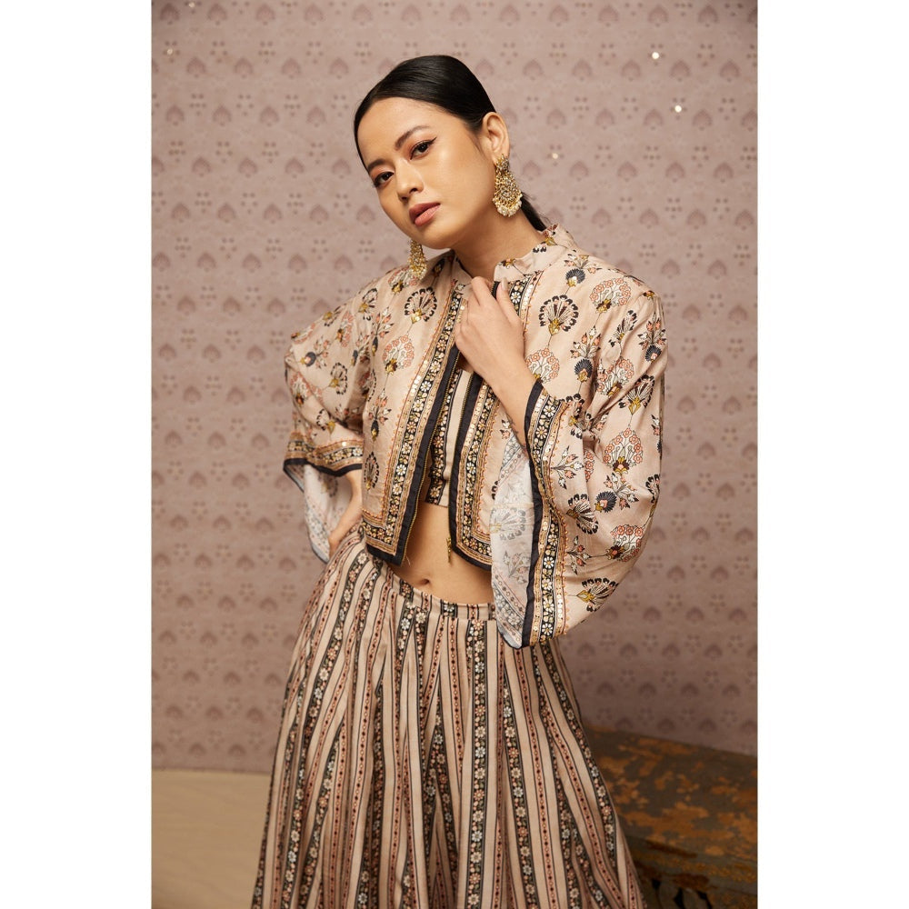 Soup by Sougat Paul Beige & Multi Sarouk Floral Lehenga with Crop Top and Jacket (Set of 3)