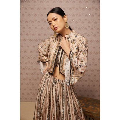 Soup by Sougat Paul Beige & Multi Sarouk Floral Lehenga with Crop Top and Jacket (Set of 3)