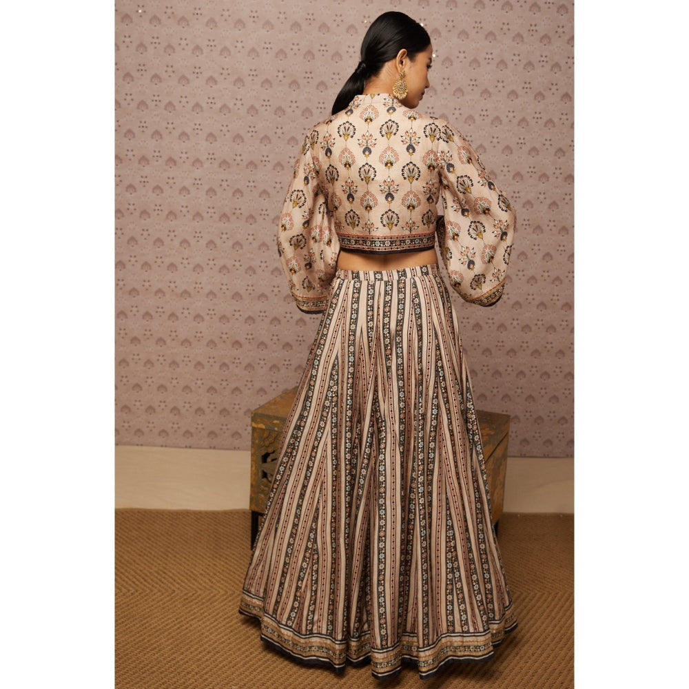Soup by Sougat Paul Beige & Multi Sarouk Floral Lehenga with Crop Top and Jacket (Set of 3)