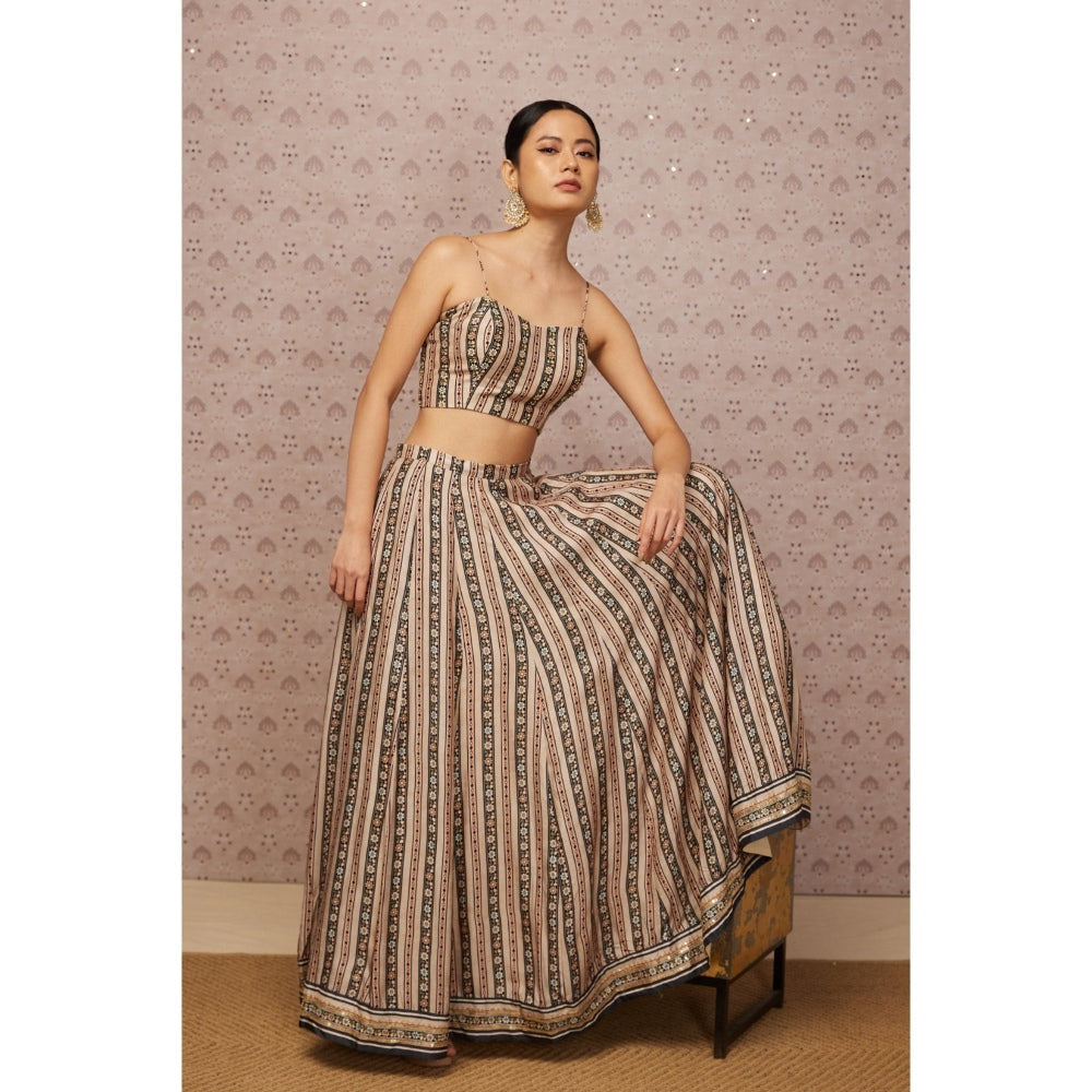 Soup by Sougat Paul Beige & Multi Sarouk Floral Lehenga with Crop Top and Jacket (Set of 3)