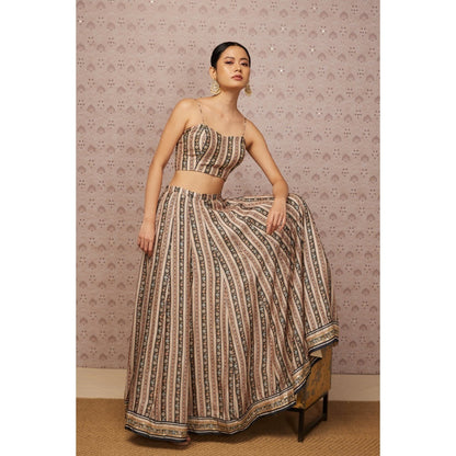 Soup by Sougat Paul Beige & Multi Sarouk Floral Lehenga with Crop Top and Jacket (Set of 3)