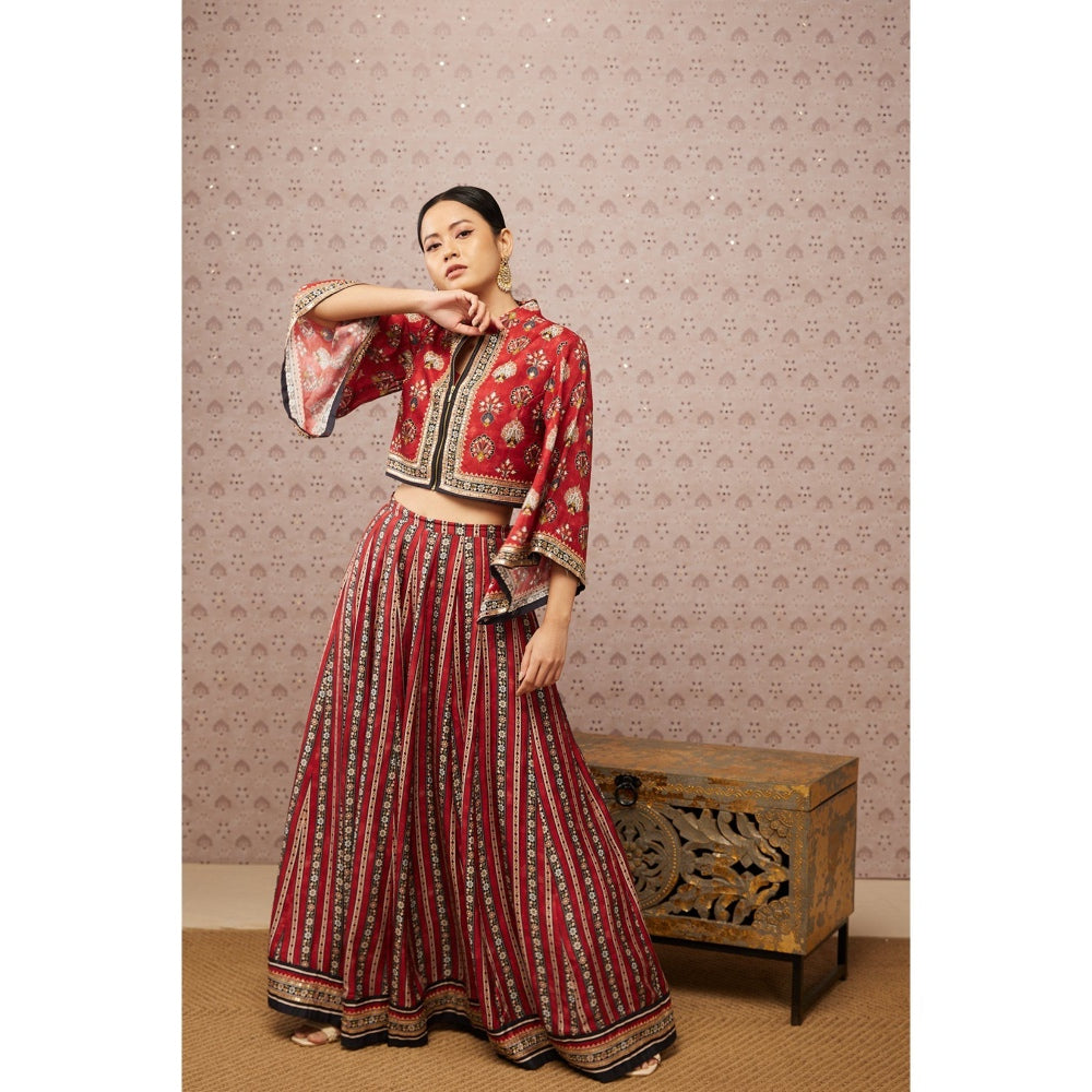 Soup by Sougat Paul Red & Multi Sarouk Floral Lehenga with Crop Top and Jacket (Set of 3)