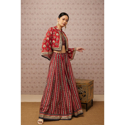 Soup by Sougat Paul Red & Multi Sarouk Floral Lehenga with Crop Top and Jacket (Set of 3)