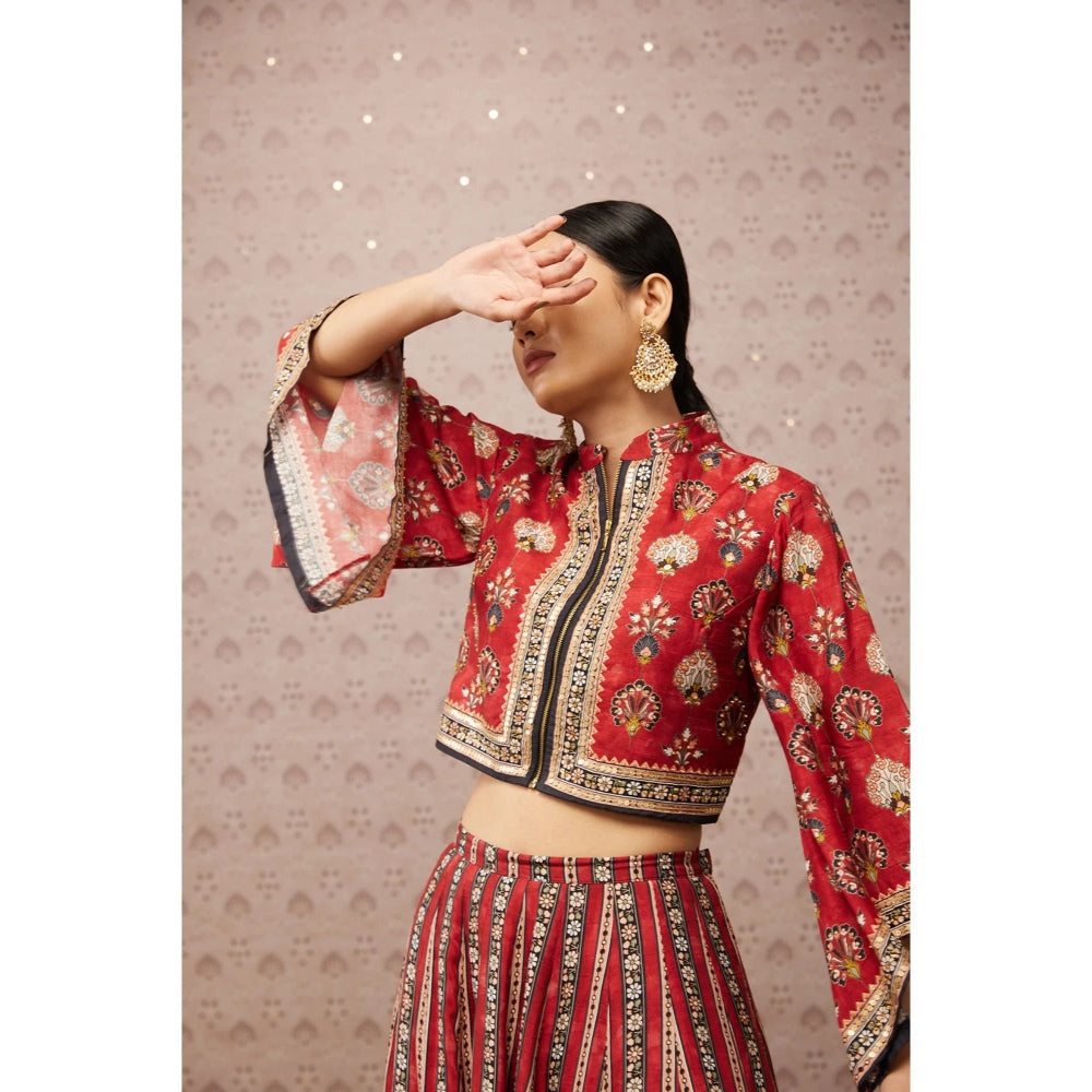 Soup by Sougat Paul Red & Multi Sarouk Floral Lehenga with Crop Top and Jacket (Set of 3)