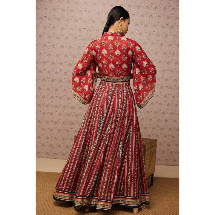 Soup by Sougat Paul Red & Multi Sarouk Floral Lehenga with Crop Top and Jacket (Set of 3)