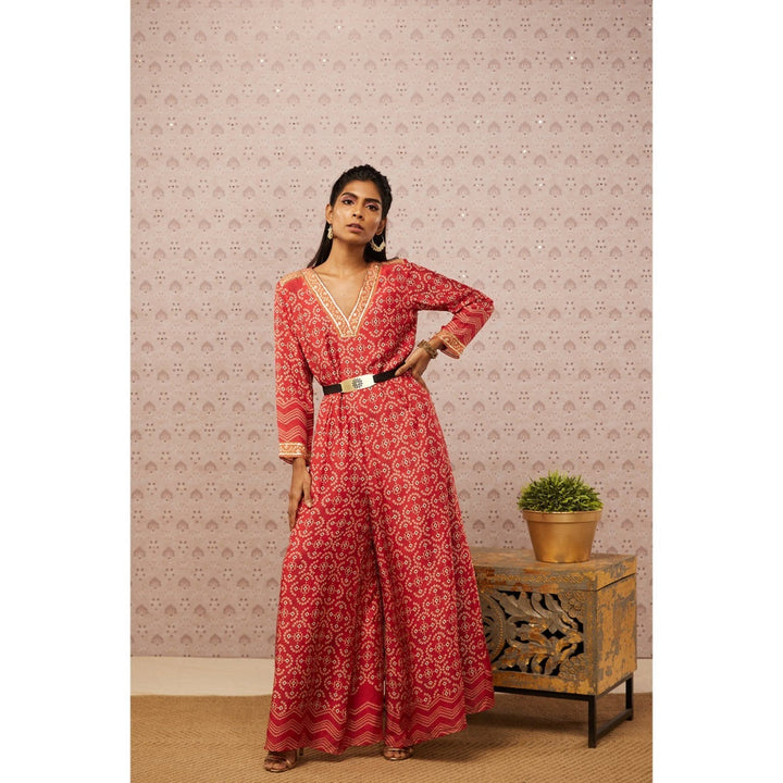 Soup by Sougat Paul Red Bandhej Printed Jumpsuit with Belt (Set of 2)
