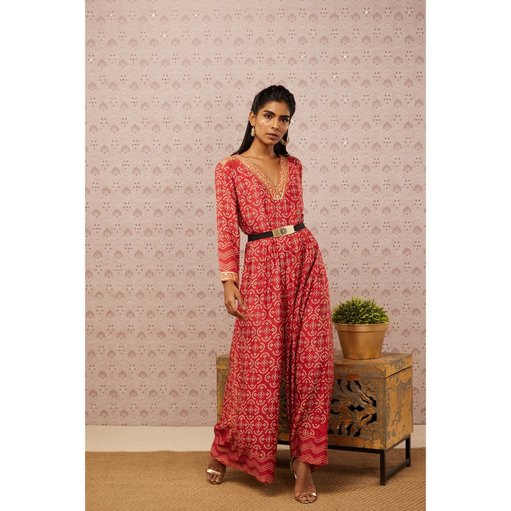 Soup by Sougat Paul Red Bandhej Printed Jumpsuit with Belt (Set of 2)